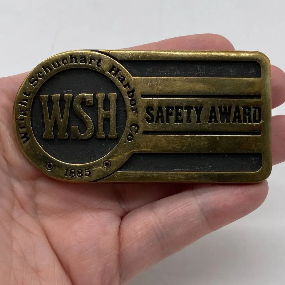 VTG‎ Wright Schuehart Harbor Co WSH Safety Award brass belt buckle